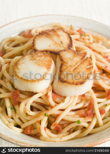 Seared Scallops with Chilli and Tomato Spaghetti