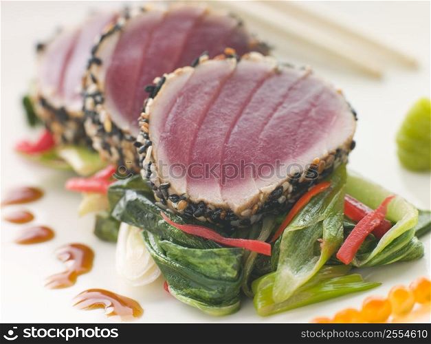 Seared Yellow Fin Tuna with Sesame Seeds Sweet Fried pac Choi and Salmon Roe