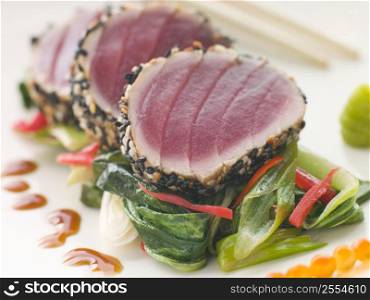 Seared Yellow Fin Tuna with Sesame Seeds Sweet Fried pac Choi and Salmon Roe