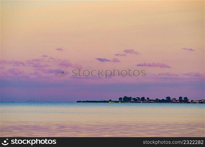 Seascape at evening. Baltic Sea, Puck Bay with Rewa village on horizin, Poland. Nature landscape.. Seascape at evening. Baltic Sea, Poland