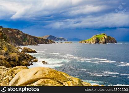 Seascape. Mediterranean sea and rocky coast view. Cabo de Moras coastine in Galicia Spain.. Seascape with rocky coast, Galicia Spain