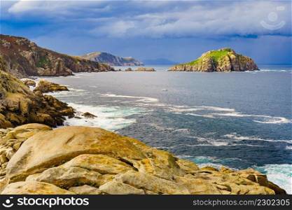 Seascape. Mediterranean sea and rocky coast view. Cabo de Moras coastine in Galicia Spain.. Seascape with rocky coast, Galicia Spain