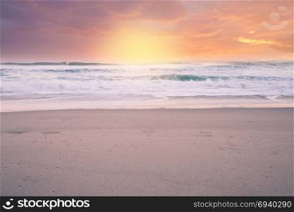 Seascape summer background of ocean beach sunset in bright color