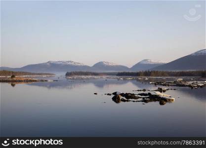 Seascape with a view of the islands and mountains. Kandalaksha