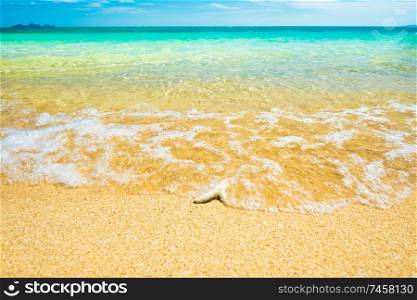 Seascape with coral at sand tropical beach, white surf waves, turquoise sea water and blue sky