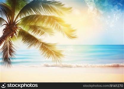 Seascape with palm on bright sunny day, created with generative AI