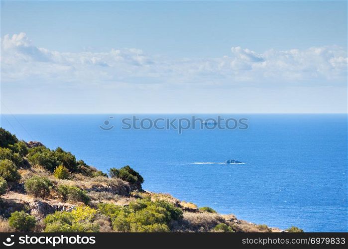 Seascape with ship on calm water surface.. Seascape with ship on water surface