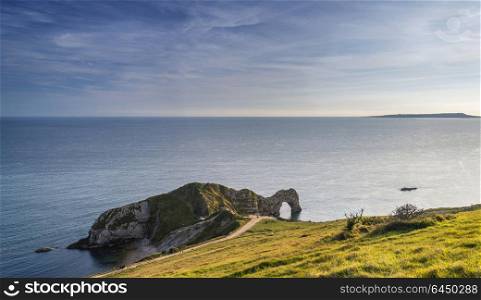 Seascapes. Landscape view of Durdle Door on the Jurassic Coast at sunset