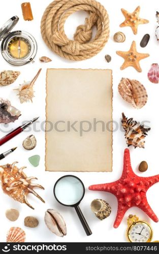 seashell and parchment isolated on white background