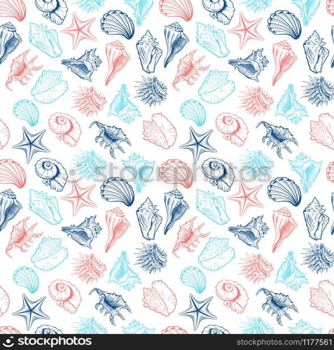 Seashells and starfish vector seamless pattern. Marine life creatures colorful drawings. Sea urchin freehand outline. Underwater animals engraving. Wallpaper, wrapping paper, textile design. Seashells collection vector seamless pattern