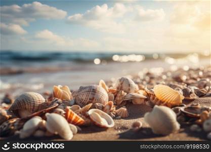 Seashells on a beach with soft sand and waves create a peaceful and relaxing natural scenery perfect for vacation and relaxation. The beauty of nature is captured in this landscape. AI Generative.