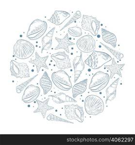 Seashells round template vector illustration. Shells hand engraved in circle background. Sketch shellfish banner for design. Seashells round template vector illustration
