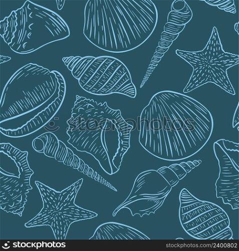 Seashells seamless pattern. Blue background with sketch clams and sea shells. Beautiful underwater template for fabric, paper, wallpaper and packaging design vector illustration. Blue background with sketch clams and sea shells