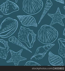 Seashells seamless pattern. Blue background with sketch clams and sea shells. Beautiful underwater template for fabric, paper, wallpaper and packaging design vector illustration. Blue background with sketch clams and sea shells