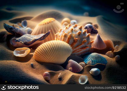 Seashells  underwater background. Generative AI
