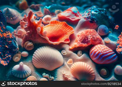 Seashells  underwater background. Generative AI 