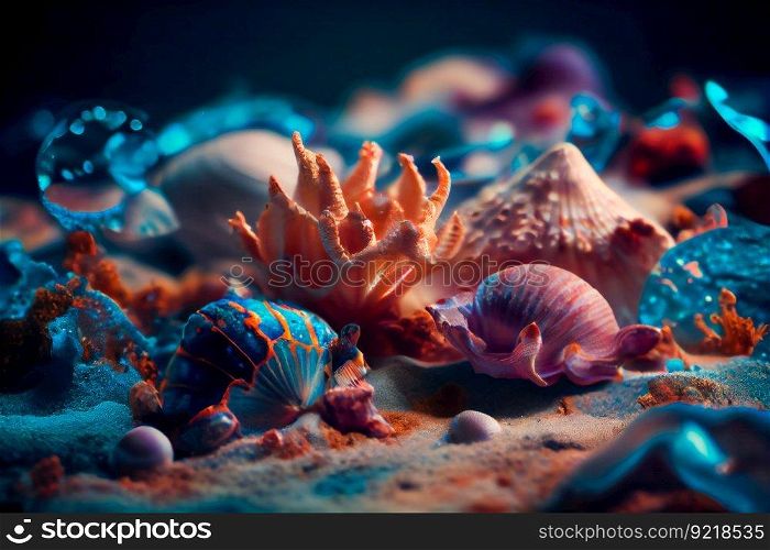 Seashells  underwater background. Generative AI
