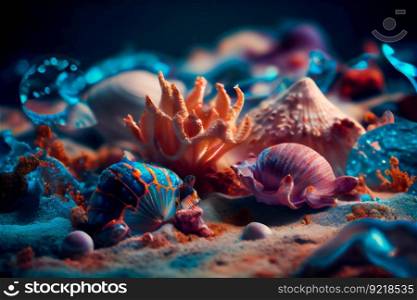 Seashells  underwater background. Generative AI
