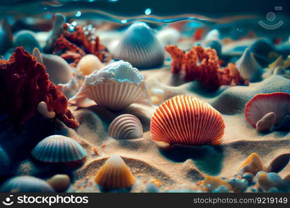 Seashells  underwater background. Generative AI
