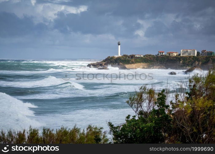 Seaside and beach of the city of Biarritz during a storm. panoramic landscape. Seaside and beach of the city of Biarritz