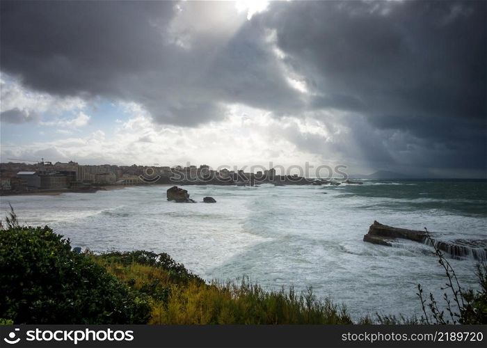 Seaside and beach of the city of Biarritz during a storm. panoramic landscape. Seaside and beach of the city of Biarritz
