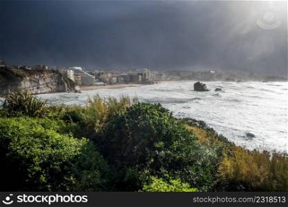Seaside and beach of the city of Biarritz during a storm. panoramic landscape. Seaside and beach of the city of Biarritz