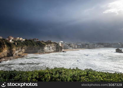 Seaside and beach of the city of Biarritz during a storm. panoramic landscape. Seaside and beach of the city of Biarritz