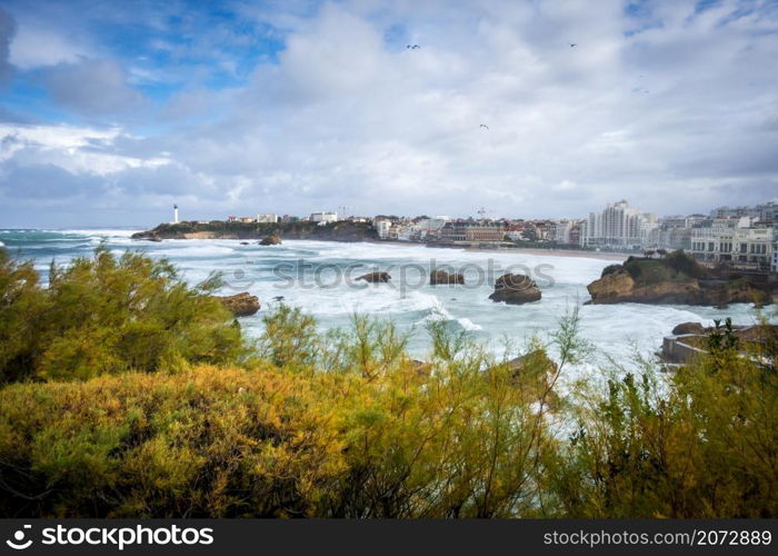 Seaside and beach of the city of Biarritz. panoramic landscape. Seaside and beach of the city of Biarritz