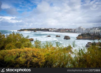 Seaside and beach of the city of Biarritz. panoramic landscape. Seaside and beach of the city of Biarritz