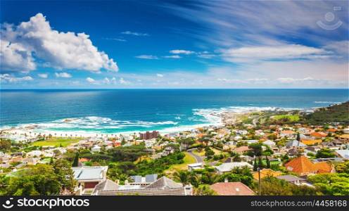 Seaside of Cape Town, beautiful coastal city in the Africa, panoramic landscape, modern buildings, travel and tourism concept