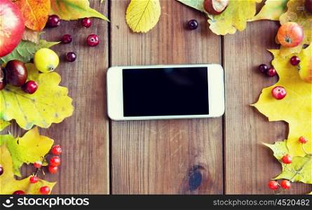 season, advertisement and technology concept - close up of smartphone in frame of autumn leaves, fruits and berries on wooden table