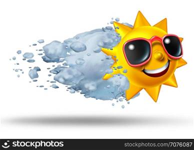Season change and seasonal weather concept as a cold snowball hitting a hot sun character as an air conditioning and precipitation climate icon or global warming symbol as a 3D illustration.