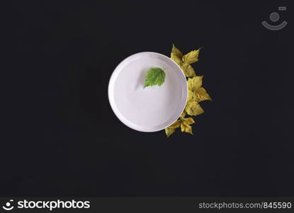Season change concept with a white ceramic plate with water in it and a green leaf, fall dried yellow leaves near it, on a black table. Autumn frame.