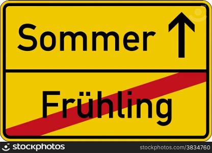 Season change. The German words for spring and summer (Fruhling and Sommer) on a road sign