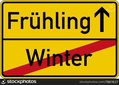 Season change. The German words for winter and spring (Winter and Fruhling) on a road sign