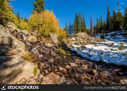 Season changing, first snow and autumn aspen trees in Rocky Mountain National Park, Colorado, USA.