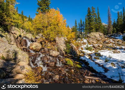 Season changing, first snow and autumn aspen trees in Rocky Mountain National Park, Colorado, USA.