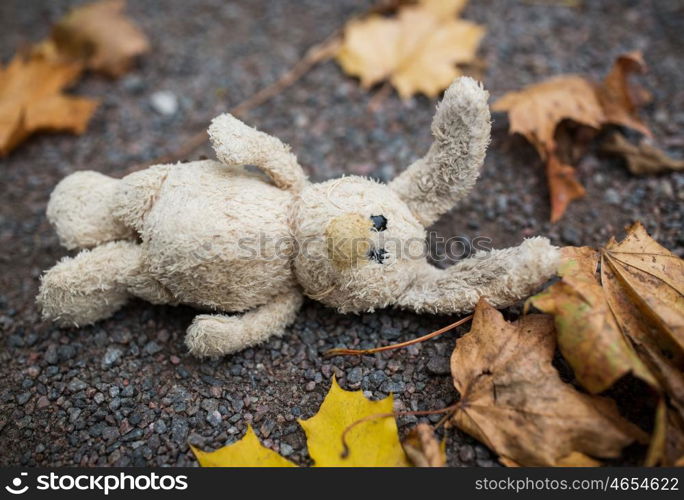 season, childhood and loneliness concept - lonely toy rabbit and autumn leaves on road or ground