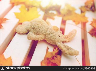 season, childhood and loneliness concept - lonely toy rabbit on bench in autumn park. toy rabbit on bench in autumn park