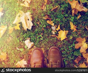 season, footwear and people concept - feet in boots with autumn leaves on grass. feet in boots and autumn leaves on grass