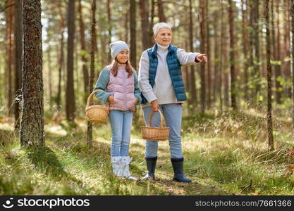 season, leisure and people concept - grandmother and granddaughter with baskets picking mushrooms in forest. grandmother and granddaughter picking mushrooms