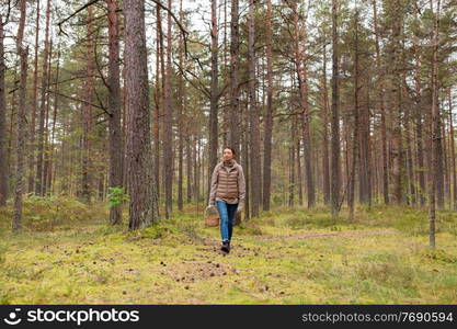 season, leisure and people concept - young asian woman with basket walking in autumn forest and picking mushrooms. young woman picking mushrooms in autumn forest