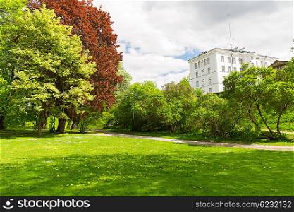 season, nature and environment concept - summer city park with trees and green lawn