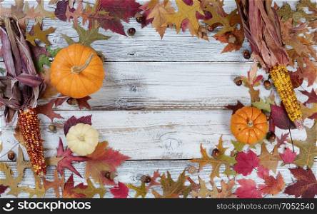Seasonal Autumn decorations in circular border on rustic white wooden boards