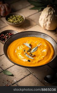 Seasonal autumn food - Spicy pumpkin soup with cream and pumpkin seeds.. Spicy pumpkin soup