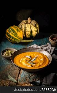 Seasonal autumn food - Spicy pumpkin soup with cream and pumpkin seeds.. Spicy pumpkin soup