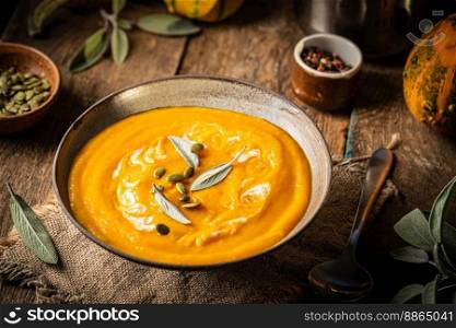 Seasonal autumn food - Spicy pumpkin soup with cream and pumpkin seeds.. Spicy pumpkin soup