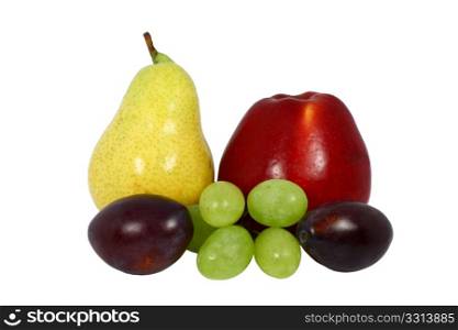 seasonal fruits, pear, apple, plums and grapes, isolated
