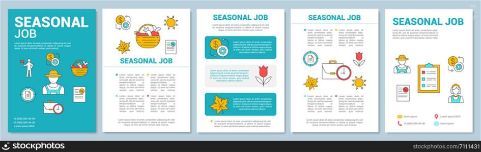 Seasonal job brochure template layout. Temporary employment. Flyer, booklet, leaflet print design with linear illustrations. Vector page layouts for magazines, annual reports, advertising posters