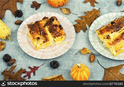 Seasonal pie made from pumpkin, pita bread and cottage cheese. Delicious seasonal pastries. Autumn pumpkin pie, homemade tart.